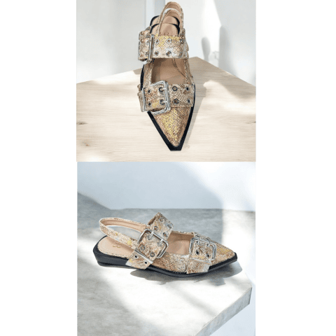 slingback flatjes spitse neus en gespen met shake print goud beige