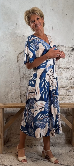 travel jurk midi leafs donkerblauw