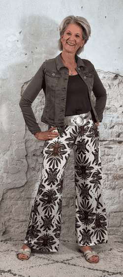 128360. Wijde travelbroek baroque leafs bruin/jeansblauw