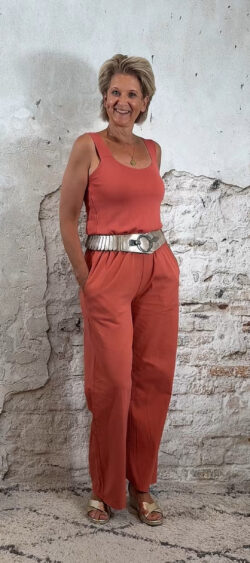 terra top met gouden elastische roem en terra wijde broek