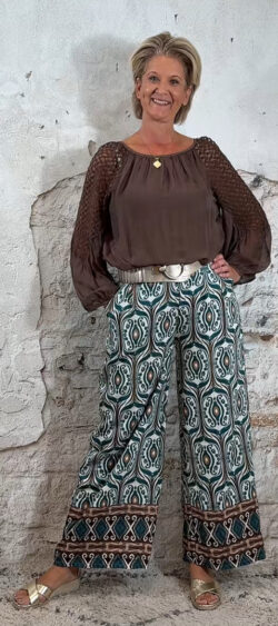 1-131603. Ailan zijden blouse met kant en voering bruin (10 juli weer op voorraad, je kunt al bestellen)
