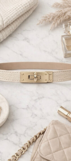 165710. Fashion riem smal beige, echt leer.