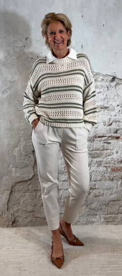 164055. Bibi ajour pullover stripe khaki/ecru