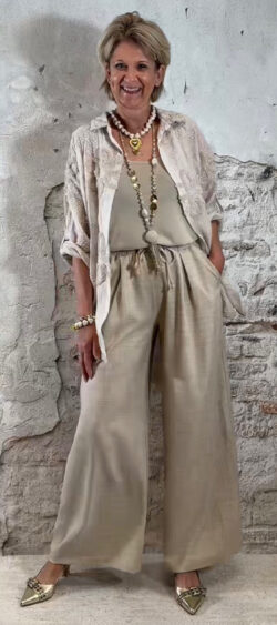 168386. Len wijde koord pantalon zand