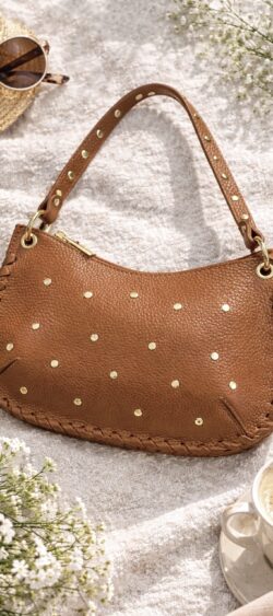 Leren schoudertas studs cognac