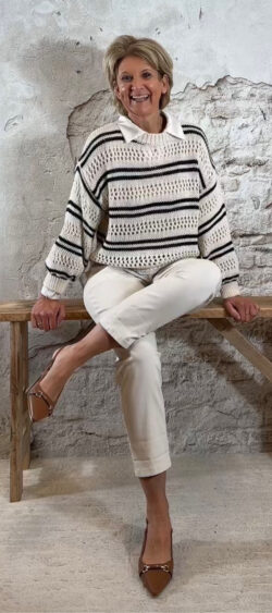 164056. Bibi ajour pullover stripe donkerblauw/ecru