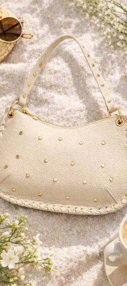 Leren schoudertas studs beige