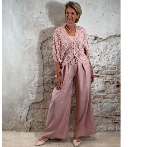 wijde pantalon oudroze dames kreukvrij elastische tailleband koord linnenlook broek