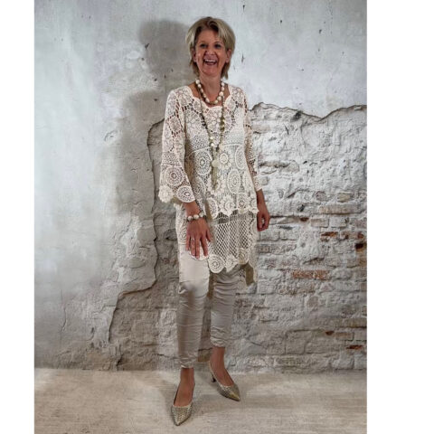 gehaakte ecru tuniek dames boho jurk met trompetmouwen en open patroon