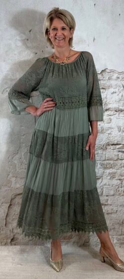 173076. Floor silk & lace ibiza jurk khaki