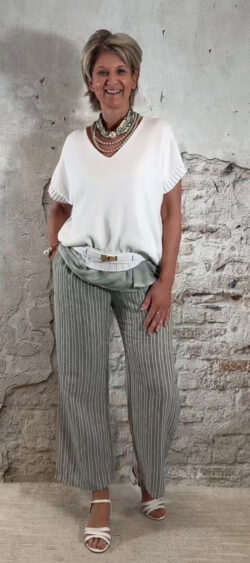 172508. Bibi linnenlook broek streep khaki