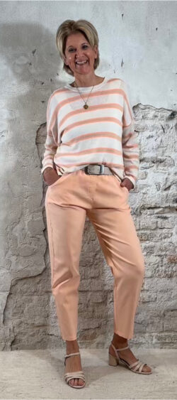 168388. Len double stripe pullover orange/zand (10 maart op voorraad, je kunt al bestellen)
