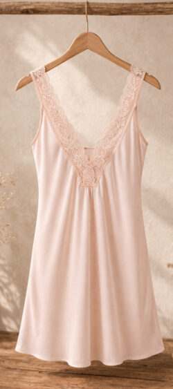 Evy satijn topje met kant in de kleur zalm