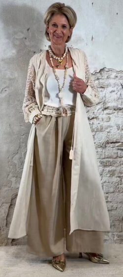 ✔️169179. Nana lang vest gehaakt met linnenlook