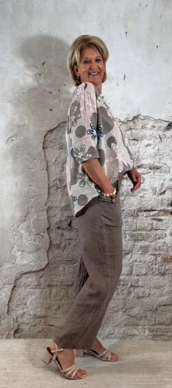 Taupe linnen dames broek | wijde broek met elastische taille | BH170542