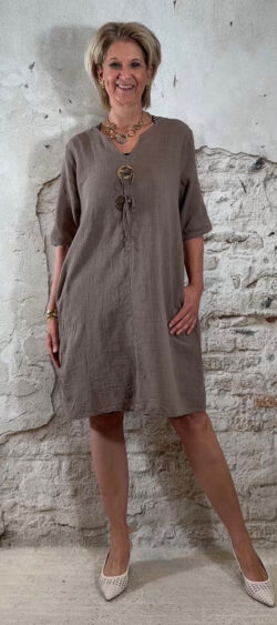 Linnenlook tuniek jurkje taupe Bibi (5 mei weer op voorraad, je kunt al bestellen)