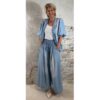 lyocel jeans broek dames lichtblauw wijde pijpen gesmockte taille elastische band ibiza stijl
