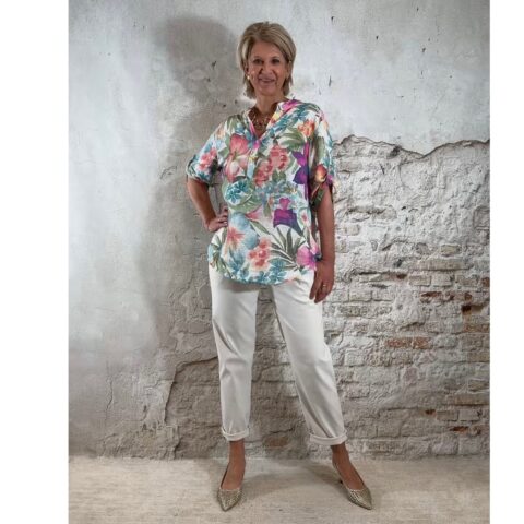blouse dames kleurrijke bloemenprint linnenlook 3/4 mouw v hals luchtig zomer