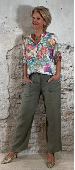 Linnen lange rechte broek khaki Bibi