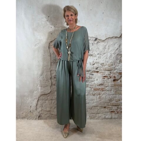 zijden top dames khaki strik zijkant flare mouw luchtig elegante blouse top