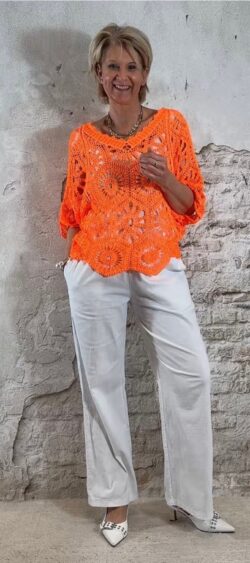 Gehaakte ibiza top dames neon orange met v-hals
