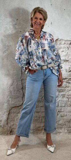 ibiza blouse dames jeansblauw bloemen ballonmouw luchtig wijde zomerblouse ibiza stijl