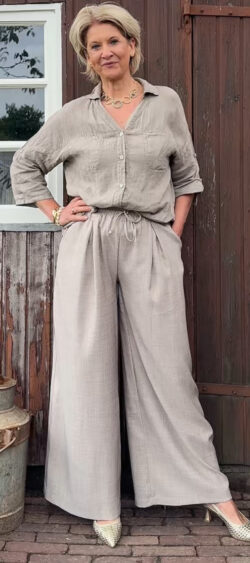 Wijde linnenlook pantalon met koord taupe - Len 180542