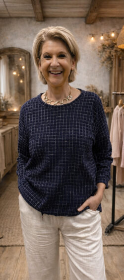 Iris geruite koord sweater donkerblauw