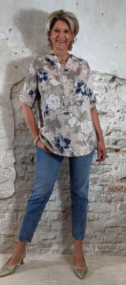 Cotton linnen blouse flower zand Bibi