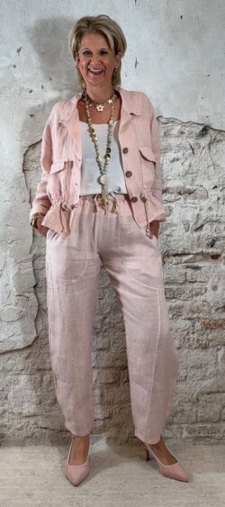 Linnen barrel broek roze Evy 179346 (5 mei weer op voorraad, je kunt al bestellen)