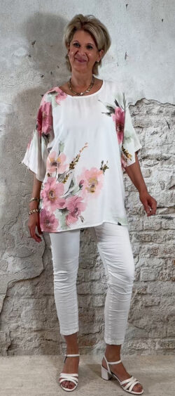 blouse dames bloemenprint wit roze lindegroen oversized ronde hals viscose luchtig