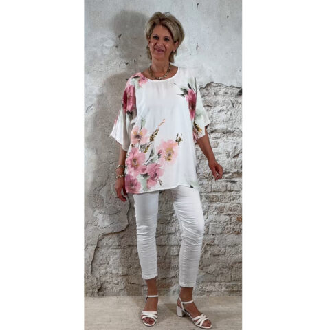 blouse dames bloemenprint wit roze lindegroen oversized ronde hals viscose luchtig