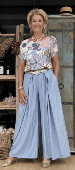 Broek crêpe overslag jeansblauw - Evy 176703.