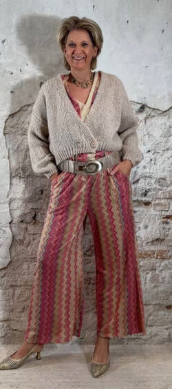 Dun gebreide wijde broek Inka Zig-Zag roze - Len 178370