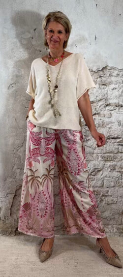 linnenlook broek dames creme roze ibiza print elastische tailleband wijde zomer broek luchtig
