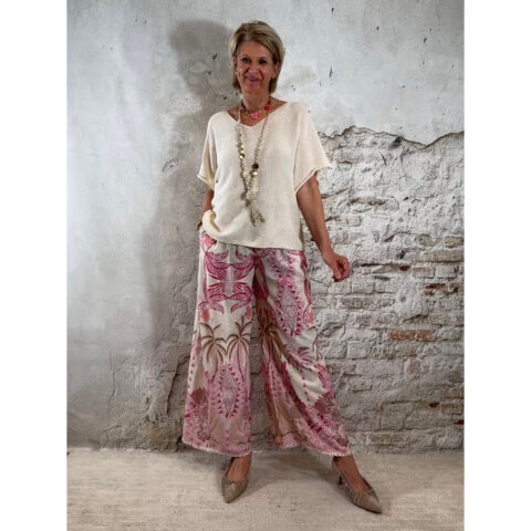 linnenlook broek dames creme roze ibiza print elastische tailleband wijde zomer broek luchtig