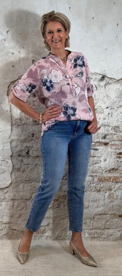 Cotton linnen blouse flower oudroze Bibi