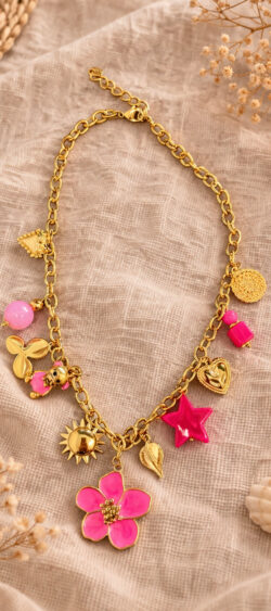 Ketting goud met neon roze bedels Sil