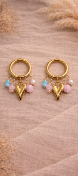 Ring oorbellen heart met gekleurde bedeltjes Sil