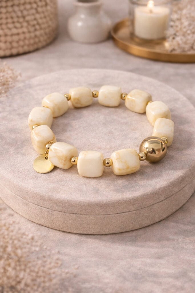 beige chunky elastische armband met marmerlook kralen en goud detail