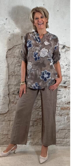 Cotton linnen blouse flower taupe Bibi