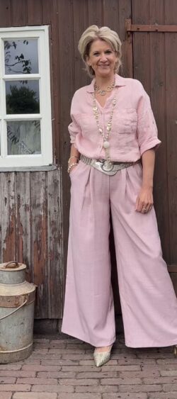 Wijde pantalon oudroze met  koord linnenlook - Len 169990