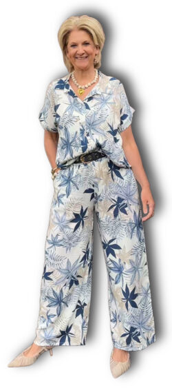 Linnenlook blouse leafs blauw - Bibi 180341 (19 mei weer op voorraad, je kunt al bestellen)