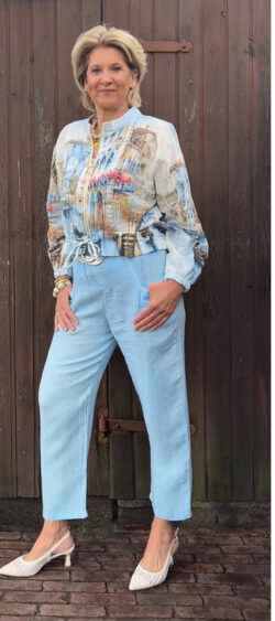 Linnen broek met jute kralenkoord lichtblauw - Evy 180502 (19 mei weer op voorraad, je kunt al bestellen)