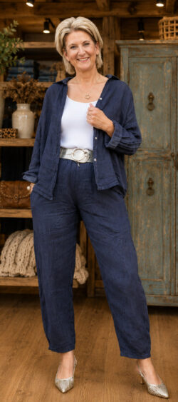 Linnen barrel broek donkerblauw - Evy 181994 (30 juni weer op voorraad, jee kunt al bestellen)
