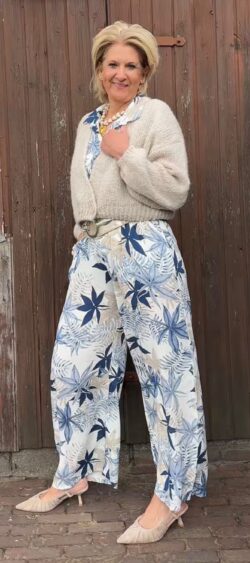 Linnenlook wijde broek Leafs blauw - Bibi 180342 (19 mei weer op voorraad, je kunt al bestellen)