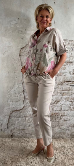 Blouse met koord zand en bloemenprint - Bibi 180060✔️