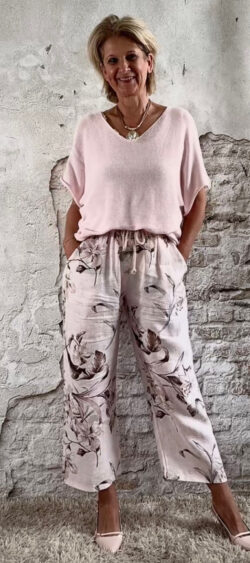 Gebloemde linnen broek roze  - Bibi 179911
