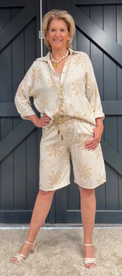 Blouse flower & stripe beige/camel - Evy 180731 (27 mei weer op voorraad, je kunt al bestellen)