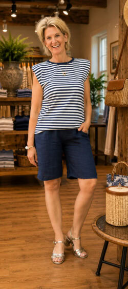 Padded shoulder shirt navy-ecru gestreept - Evy 182818 (30 juni weer op voorraad, je kunt al bestellen)